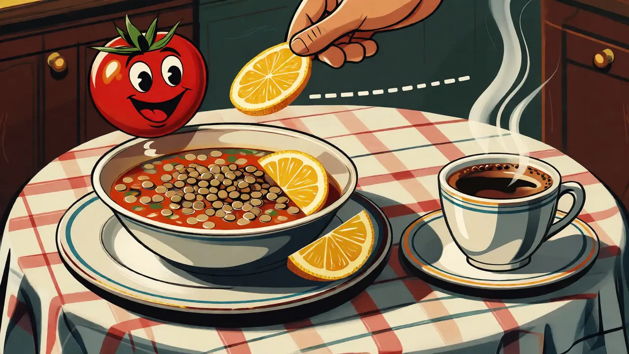 Scena culinaria retrò con lenticchie e agrumi combinati per massimizzare l'assorbimento del ferro.