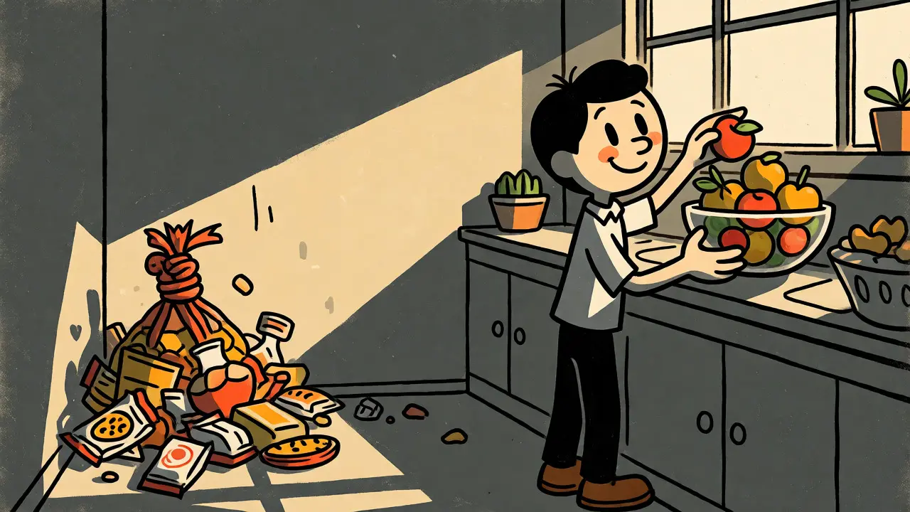Scena domestica in stile cartoon con frutta in vista e snack legati