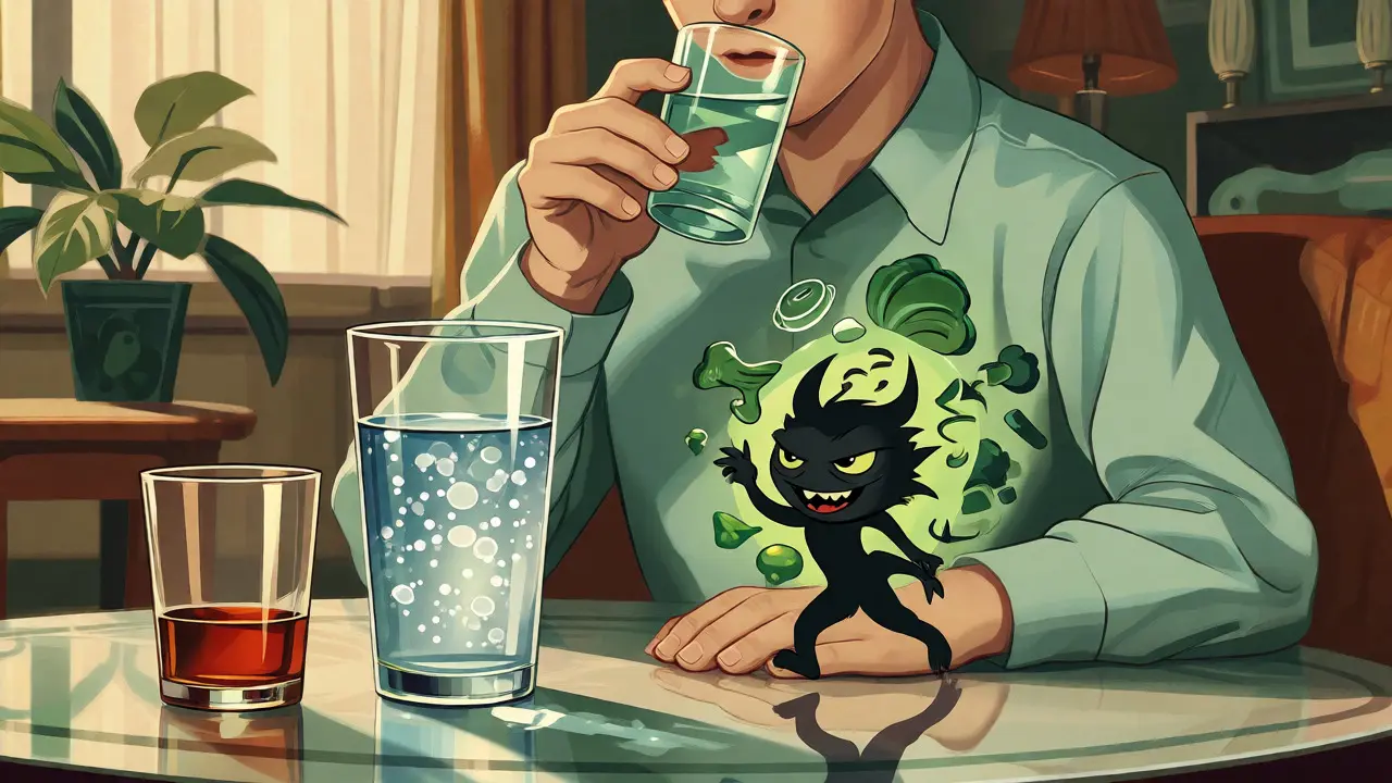 Scena illustrata di una persona che alterna acqua e alcol per equilibrare l'idratazione