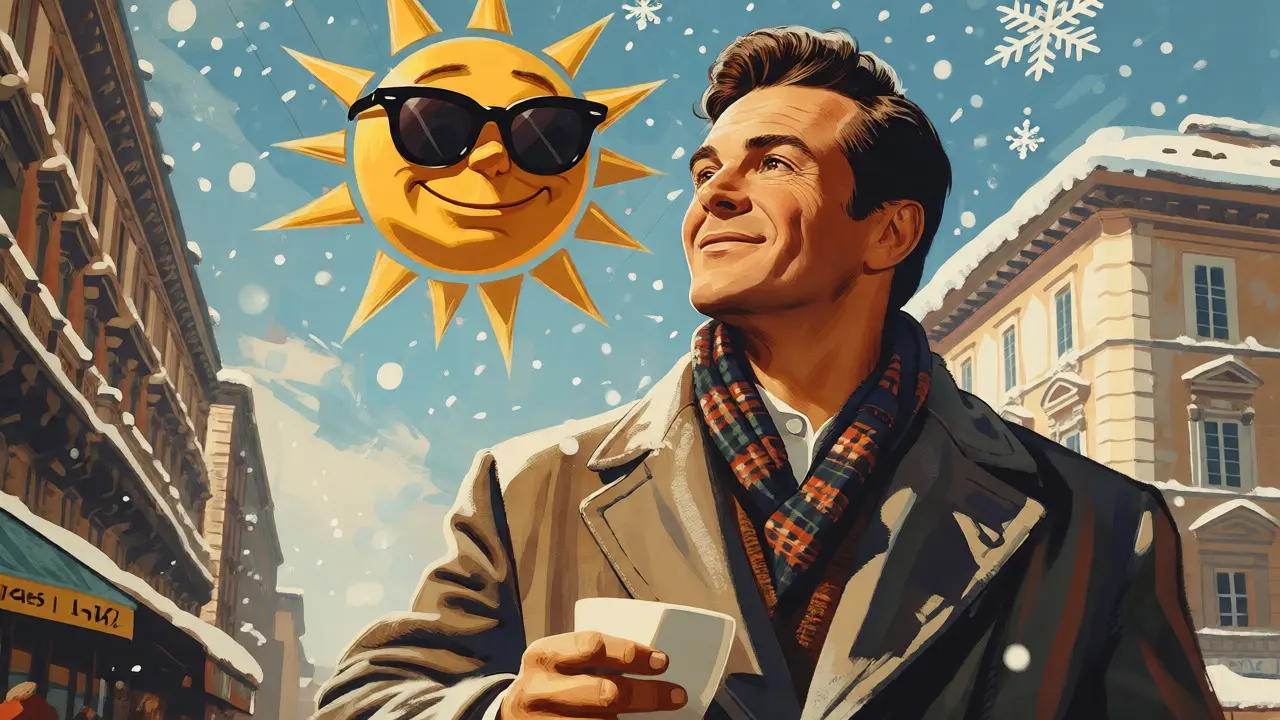 Uomo felice che cammina in città d'inverno protetto dai raggi solari, stile retrò